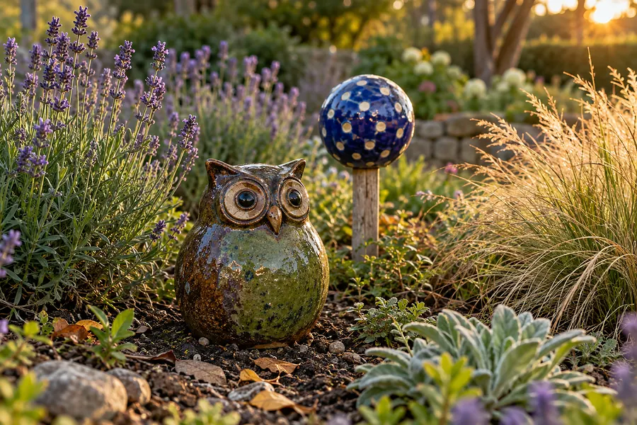 Eine glasierte Keramikeule im Beet zwischen Lavendel, dahinter eine blaue Gartenkugel mit Punkten (Illustration)