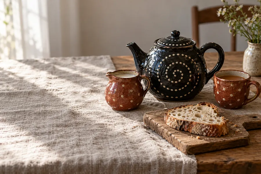 Schwarze Steinzeug-Teekanne mit Punktspirale, ein rostrotes Milchhaferl und ein Becher auf einem Frühstückstisch mit Leinen (Illustration)